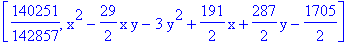 [140251/142857, x^2-29/2*x*y-3*y^2+191/2*x+287/2*y-1705/2]